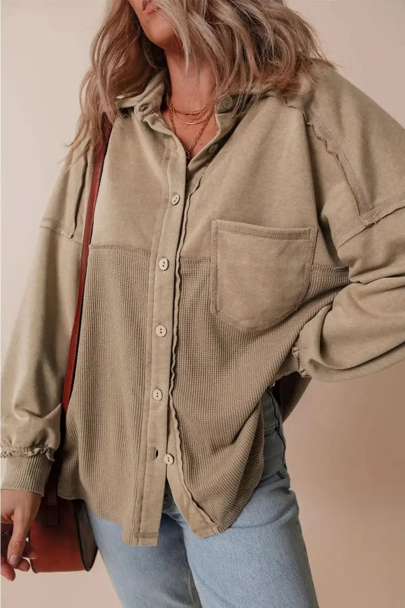 Waffle-Knit Collared Neck Long Sleeve Shacket - Love Salve